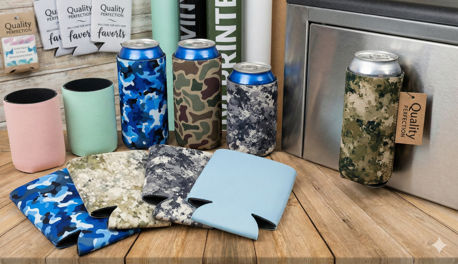 Bold New Camo & Light Pastel 4mm Neoprene Can Coolers Arriving Soon at QualityPerfection