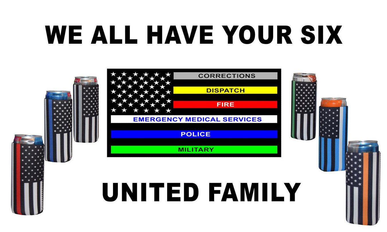 Can Cooler Sleeves Black Flag With Blue, Red, Yellow, White, Grey, Green Lines