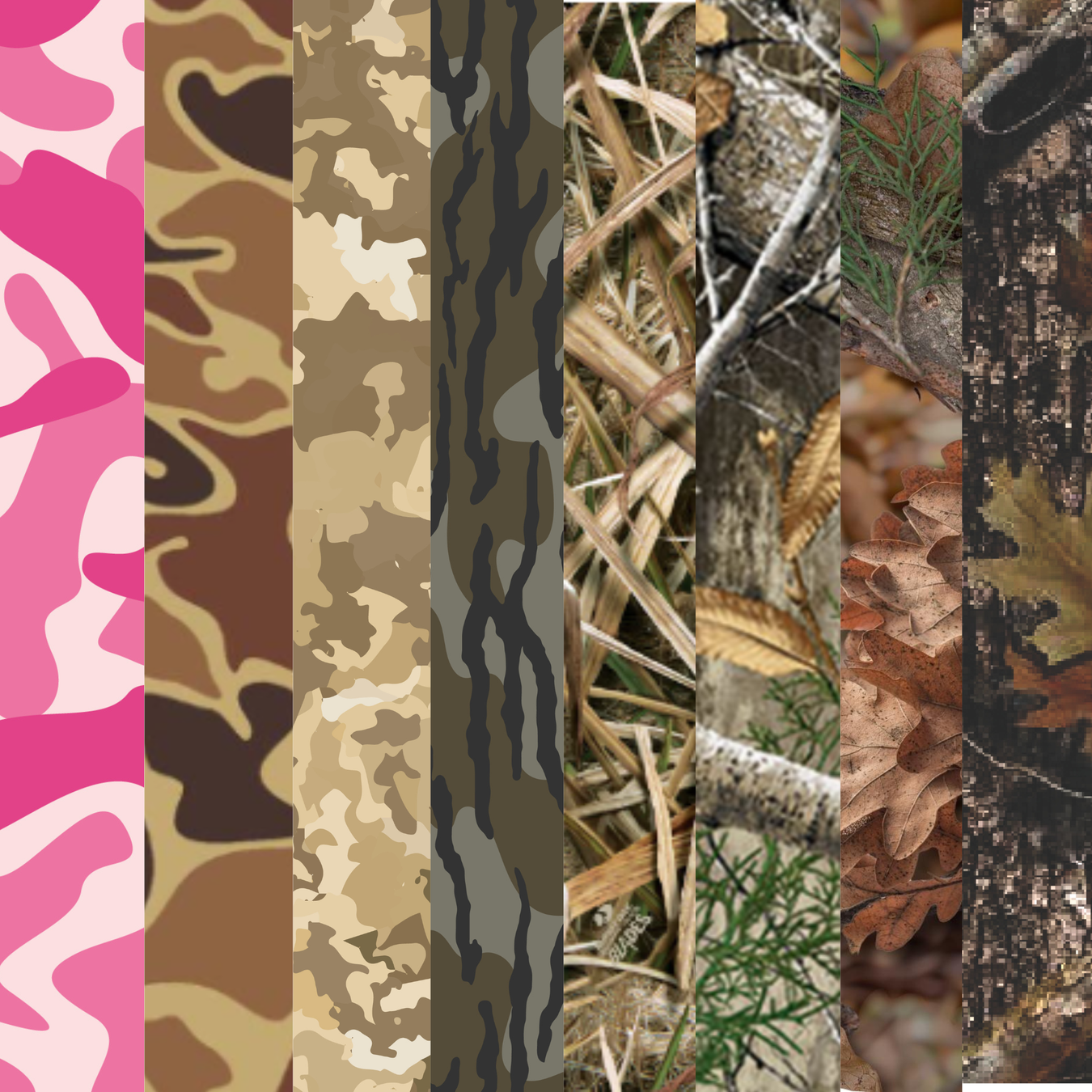 Seven vertical strips showcasing unique can cooler camouflage patterns: pink abstract, light and dark brown desert, dark gray woodland, realistic tall grass, and detailed forest floor with oak leaves and pine.