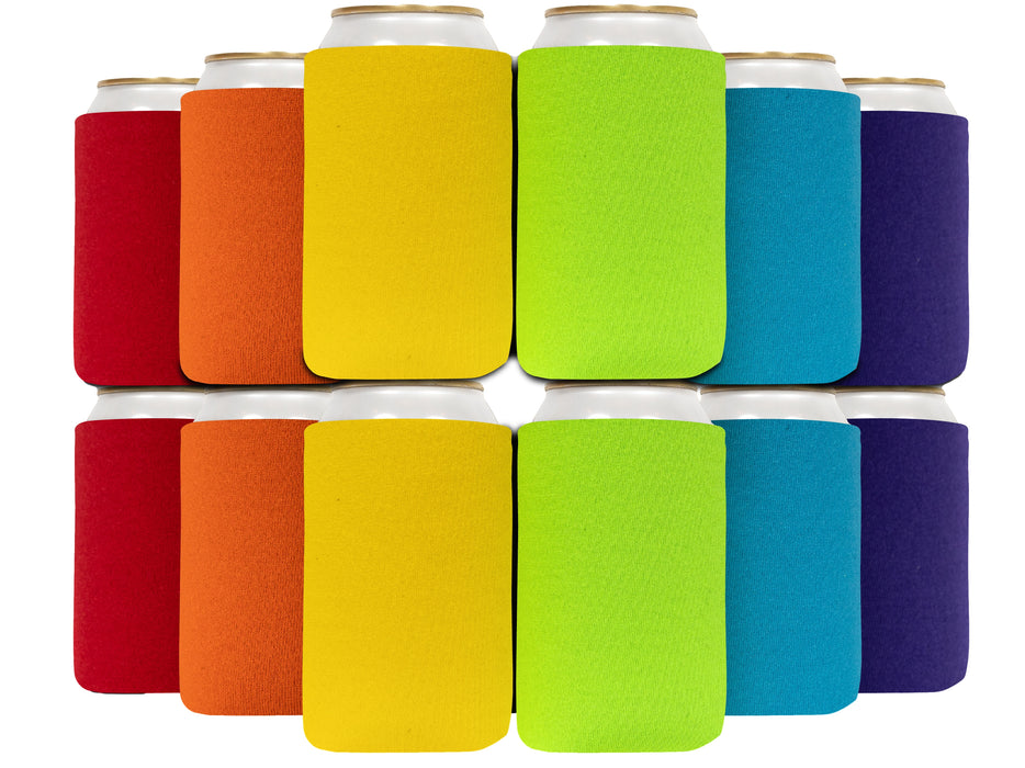 Set Of 12 Foam Can Cooler Sleeve - Collapsible Can Coolie Insulation Red,Purple,Neon Green,Neon Orange,Yellow,Turquoise