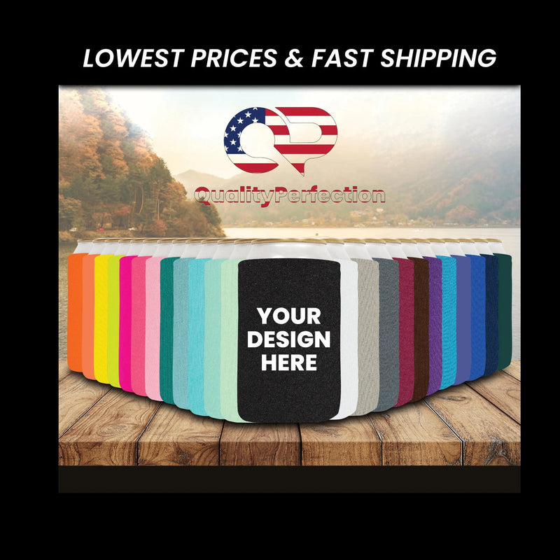 Make a lasting impression with QualityPerfection’s premium neoprene can coolers, now available in over 20 vivid color options. This image showcases a vibrant lineup of regular 12oz neoprene sleeves, with a central black sample displaying “YOUR DESIGN HERE” to illustrate custom branding potential. Crafted from high-quality 4mm thick neoprene, these coolers offer superior insulation, durability, and a snug fit for cans — making them ideal for weddings, parties, corporate promotions, and giveaways. Designed to