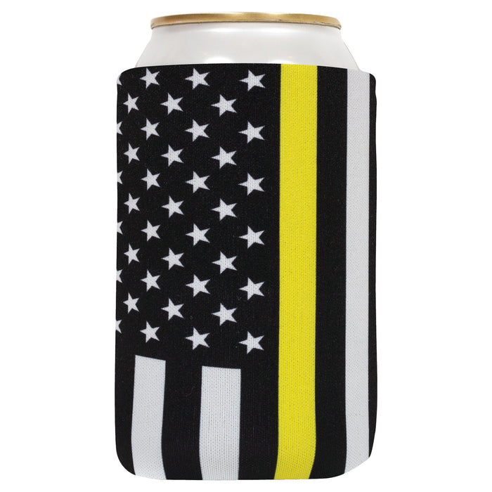 Security Can Cooler, Black Flag Thin Yellow line  4mm Neoprene 12 oz Regular