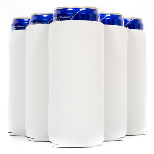 A group of six tall slim cans partially wrapped in plain white neoprene can cooler sleeves. The sleeves are smooth and cylindrical, closely fitted to the metallic blue cans, which are arranged in two rows. The background is bright white for a clean presentation. - QualityPerfection