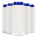 A group of six tall slim cans partially wrapped in plain white neoprene can cooler sleeves. The sleeves are smooth and cylindrical, closely fitted to the metallic blue cans, which are arranged in two rows. The background is bright white for a clean presentation. - QualityPerfection