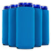 A group of six tall slim cans partially wrapped in plain classic blue neoprene can cooler sleeves. The sleeves are smooth and cylindrical, closely fitted to the metallic blue cans, which are arranged in two rows. The background is bright white for a clean presentation.
 - QualityPerfection