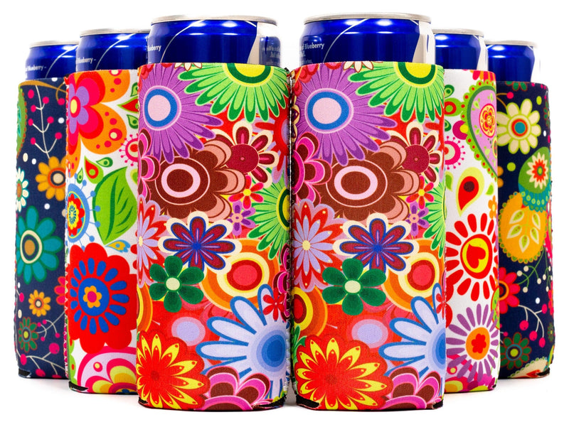 Slim Can Cooler Set of 6 Flowers, skinny Neoprene Sleeves Compatible with 12 oz Slim - Clearance - QualityPerfection