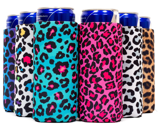 Slim Can Cooler, 12 Leopard Mix Sleeves, Skinny Neoprene - 4mm Thickness - QualityPerfection