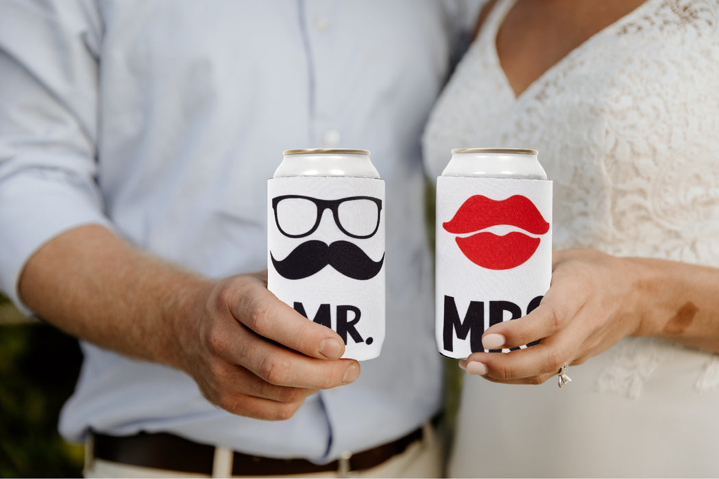 Mr & Mrs Can Cooler Sleeves - Bulk Wholesale Can Coozies 12 oz Regular Size - Set of 2 - QualityPerfection
