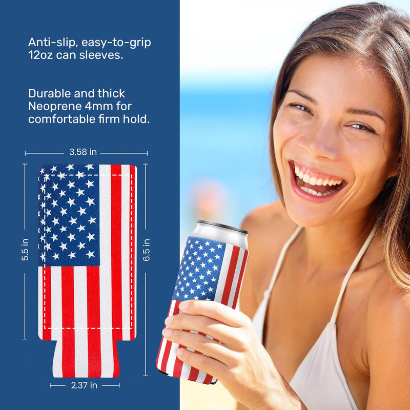 Slim Can Cooler Police Black Flag, Blue Line ,12oz Skinny Neoprene - 4mm Thickness - QualityPerfection
