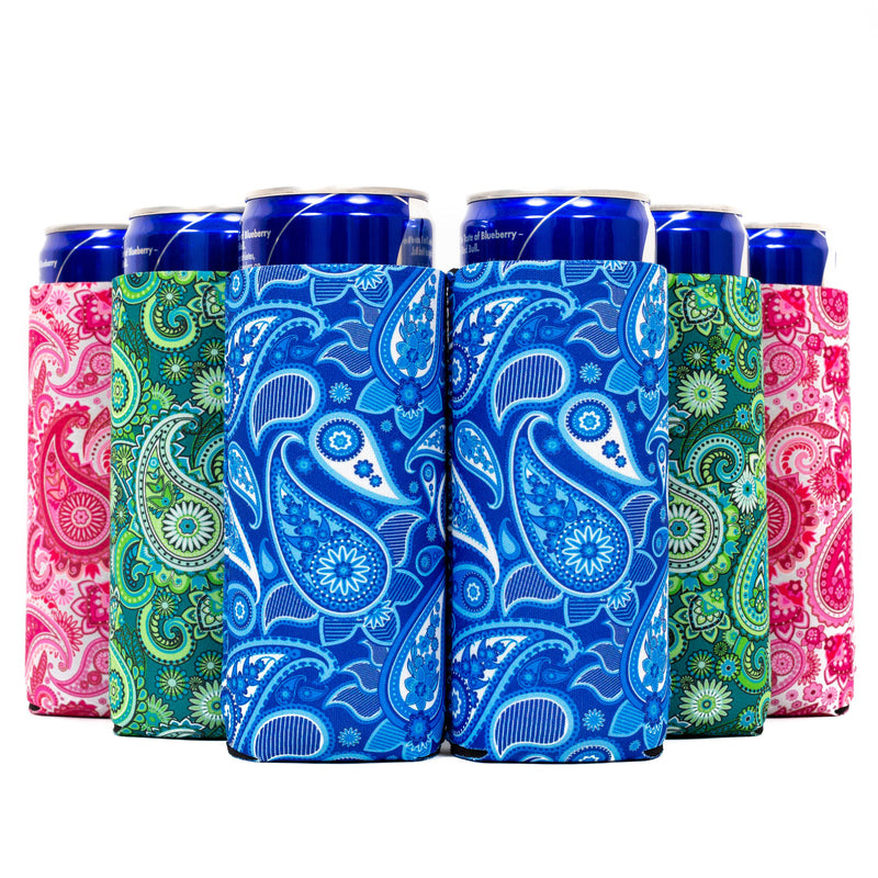 Slim Can Cooler Set of 6 Bright Paisley Mix, Neoprene Sleeves Compatible with 12 oz Slim - Clearance - QualityPerfection
