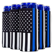 Slim Can Cooler Police Black Flag, Blue Line ,12oz Skinny Neoprene - 4mm Thickness - QualityPerfection
