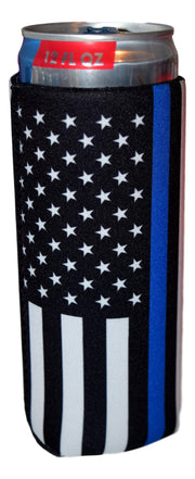 Slim Can Cooler Police Black Flag, Blue Line ,12oz Skinny Neoprene - 4mm Thickness - QualityPerfection