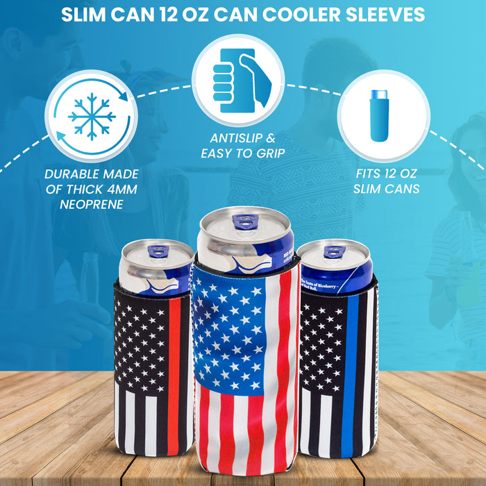 Waving USA Flag Slim Can Cooler Sleeves ,Beer Skinny 12 oz 4mm Neoprene - QualityPerfection