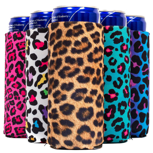 Slim Can Cooler, 12 Leopard Mix Sleeves, Skinny Neoprene - 4mm Thickness - QualityPerfection