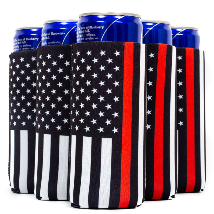 Slim Can Cooler Firefighter Black Flag, Red Line ,12oz Skinny Neoprene - QualityPerfection