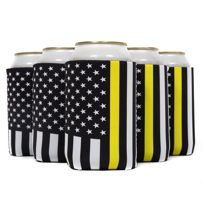 Neoprene Can Cooler Security, Black Flag with Yellow line 12 oz Regular Size - Security Guards and Tow Truck Drivers - QualityPerfection