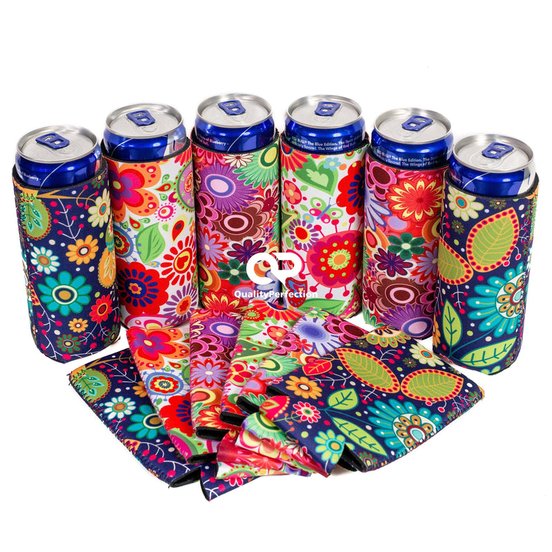 Slim Can Cooler Set of 6 Flowers, skinny Neoprene Sleeves Compatible with 12 oz Slim - Clearance - QualityPerfection
